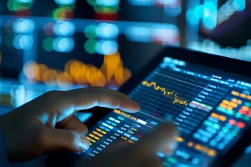 Obraz premium Close-up of a hand scrolling through a stock market chart on a tablet.