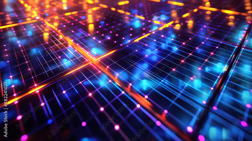 Poster abstract futuristic glowing grid with vibrant neon lights in various colors, representing digital da