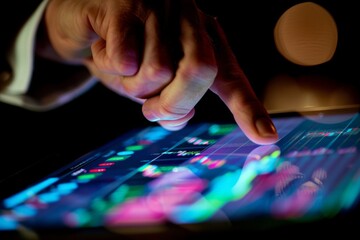 Hand Interacting with Digital Data on a Tablet.