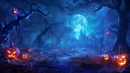 Halloween Forest with Jack-o-Lanterns and Full Moon.