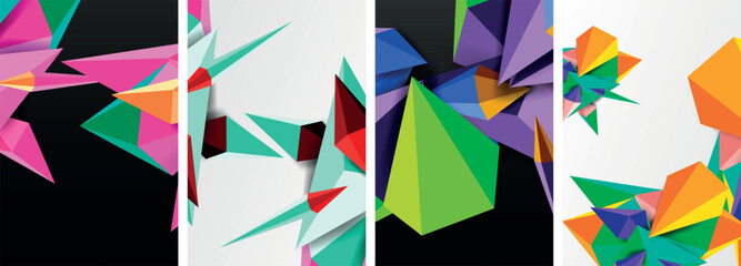 Fototapeta premium Set of triangle geometric low poly 3d shapes posters