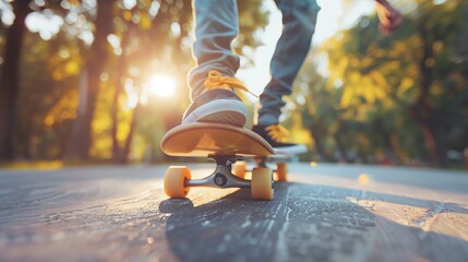 Close-up of skateboarder's feet on a skateboard, riding on a sunny day in an urban park, with sunlight filtering through the trees.