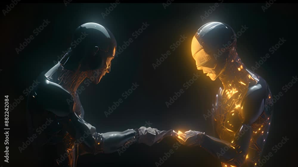 Poster couple of robots in romantic conversation. ai technology and innovation in a futuristic virtual envi