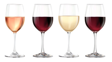 Set of white, rose, and red wine glasses isolated on withe background