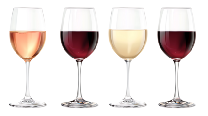 Set of white, rose, and red wine glasses isolated on withe background