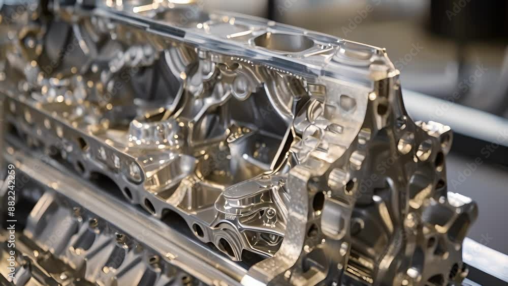 Poster A detailed shot of an engine block with a unique triangular shape made from lightweight yet durable materials.