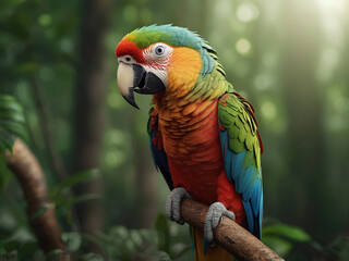 Obraz premium A close-up photo of a parrot full of bright colors against a green forest background, produces very realistic AI