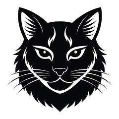 Black & White Silhouette Vector of Cat Face, Minimalist Cat Head Illustration