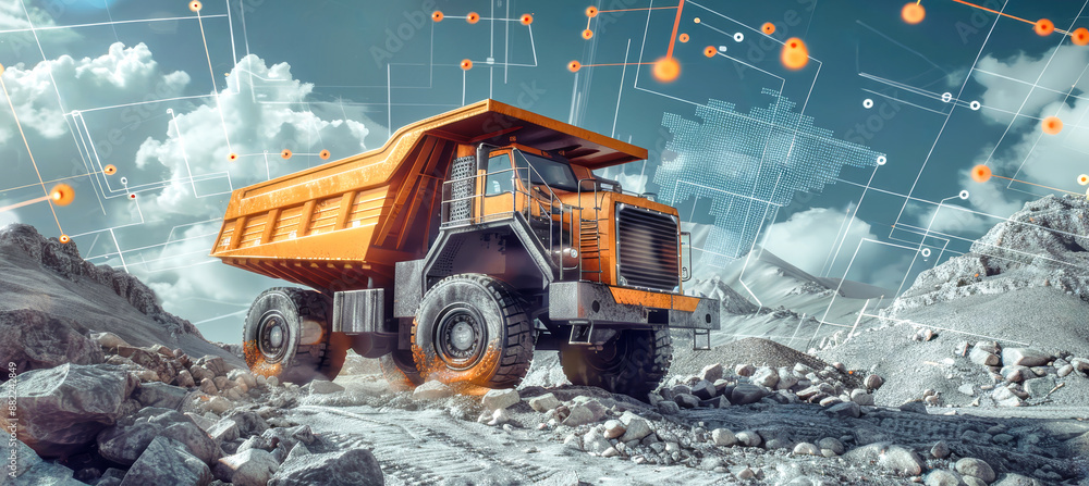 Poster a large dump truck navigates a rocky terrain, its progress overlaid with data visualizations and fut