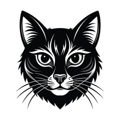 Black & White Silhouette Vector of Cat Face, Minimalist Cat Head Illustration