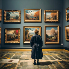 Fototapeta premium Back portrait of an adult woman looking at museum paintings in an old museum art gallery, museum, exhibition