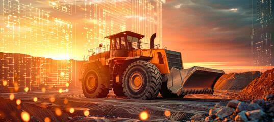 A powerful wheel loader, bathed in the warm glow of a setting sun, works in a quarry, its presence emphasized by a futuristic data visualization overlay