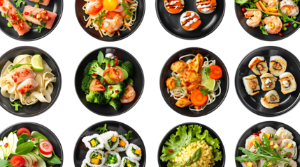 Set of delicious food in black dishes isolated on withe background, Top view of various menu served on plates