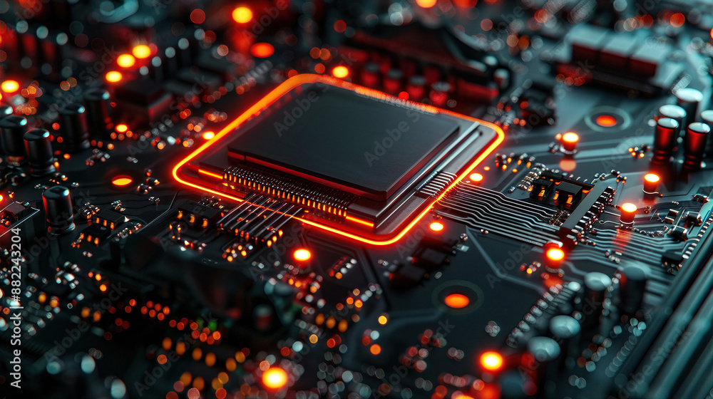 Poster close-up of a glowing microchip on a computer motherboard, showcasing technology and circuitry in vi