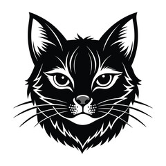 Black & White Silhouette Vector of Cat Face, Minimalist Cat Head Illustration