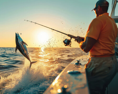 Point of view of a big fishing rod with a luxury reel and a big fish jumping in the air