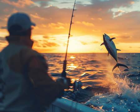 Point of view of a big fishing rod with a luxury reel and a big fish jumping in the air