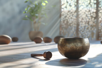 Tibetan singing bowl standing on wooden floor during a sound healing therapy session with sunlight passing through window