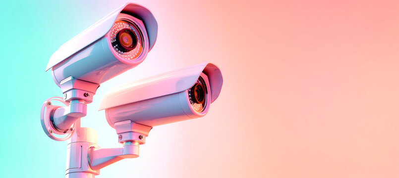 Three white surveillance cameras are mounted on a wall, against a backdrop of a pink and blue gradient. The camera lenses are pointed towards the viewer