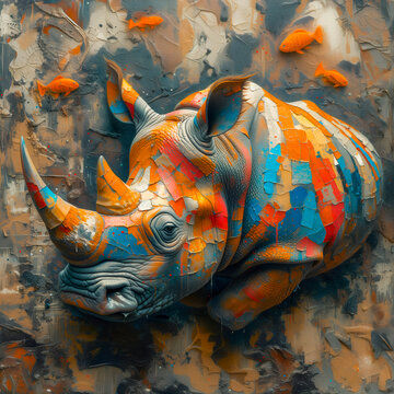 Rhinoc&eacute;ros imaginaire couvert de dessins sortant d'un mur