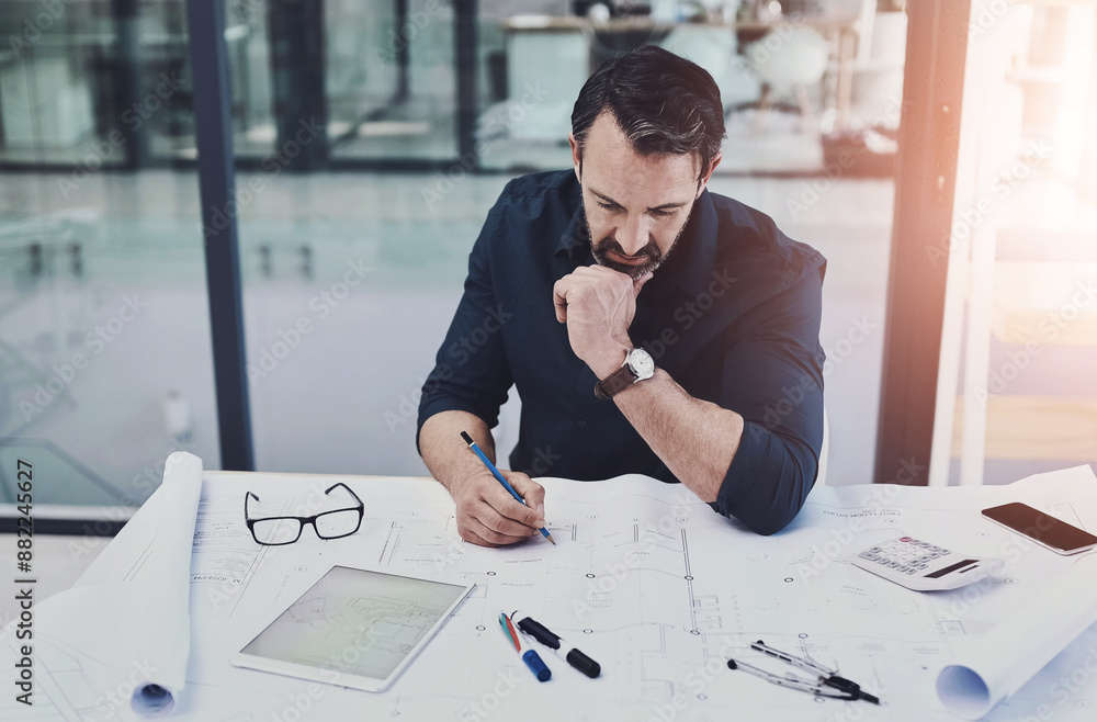 Poster Business, man and architecture office with blue print, building design and plan for property development. Drawing, sketch and project management in workplace, calculations and architect or engineer