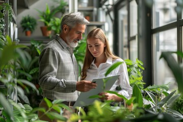 Fototapeta premium An experienced older man and a young woman engage in a professional discussion amidst a verdant greenhouse. 