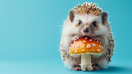  A hedgehog atop a mushroom, its front paws resting on its hind legs