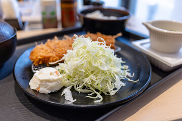 Japanese Breakfast. Fried Chicken with Salad, Rice and Sause. Miso Soup