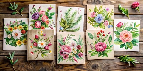Whimsical collection of hand-illustrated floral cards with watercolor flowers, lush greenery, and elegant typography, arranged artfully on a rustic wooden background.