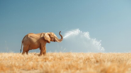  An elephant stands in a field, sprays water on its tusks Behind, a blue sky unfolds