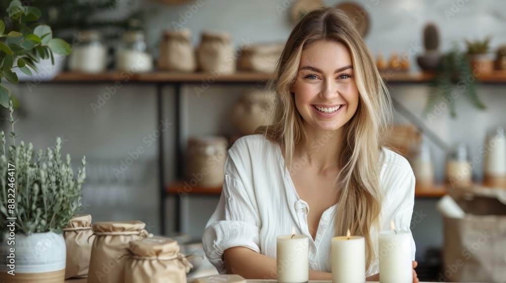 Canvas Prints  Woman at table with two candles and a potted plant in background