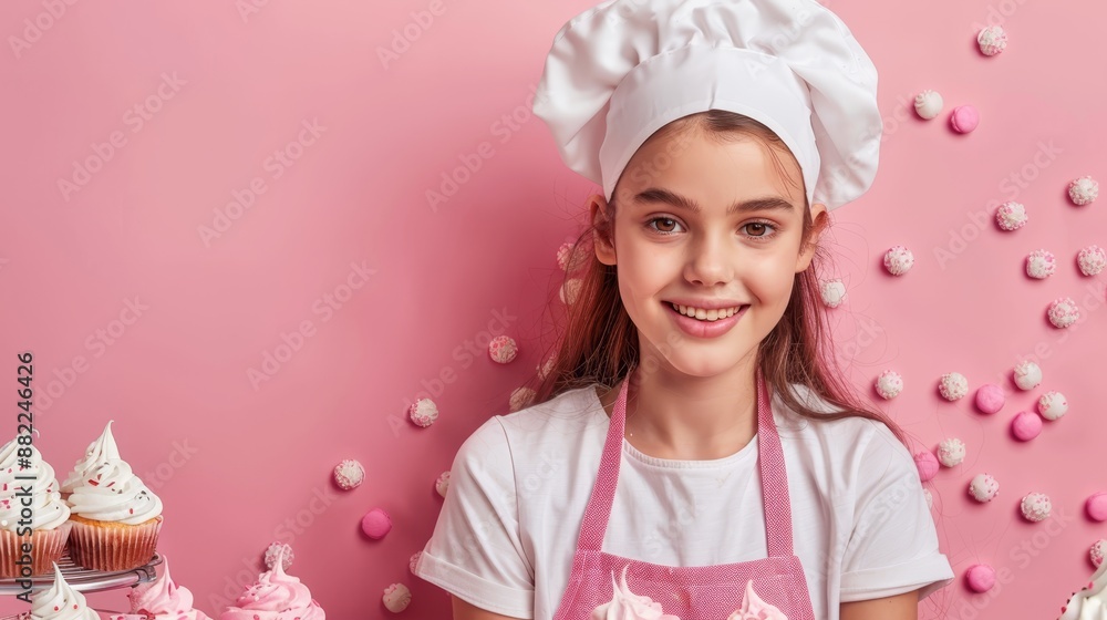 Canvas Prints  A young girl in a chef's hat and apron stands before a table laden with cupcakes