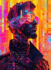 A vibrant and futuristic modern art portrait in a cyberpunk style, featuring a person with neon tattoos and glowing cybernetic implants. The background is a kaleidoscope of neon lights and geometric