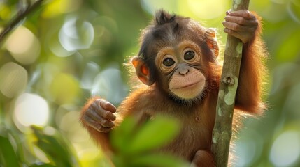  A tight shot of a monkey on a branch, with a nearby tree branch prominent in the foreground, and trees softly blurred in the background