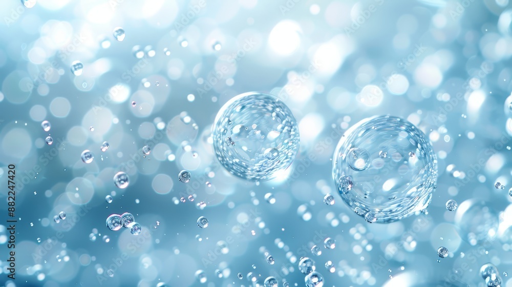 Poster  A tight shot of water bubbles against a backdrop of blue, softly blurred bubbles in the water