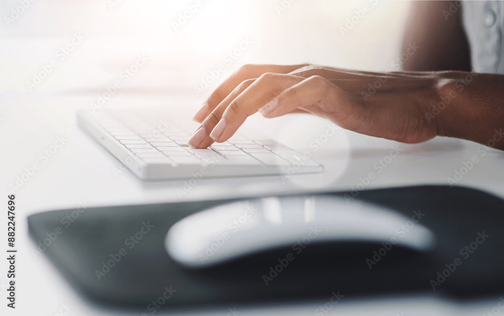Poster typing, keyboard and hands of business person at desk working on proposal, content creation or proje
