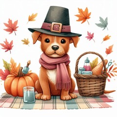 Naklejka premium A cute puppy wearing a pilgrim hat, scarf, and surrounded by autumn leaves and a pumpkin.
