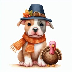Fototapeta premium A cute puppy wearing a pilgrim hat and scarf sits with a turkey. Perfect for Thanksgiving cards and decorations.