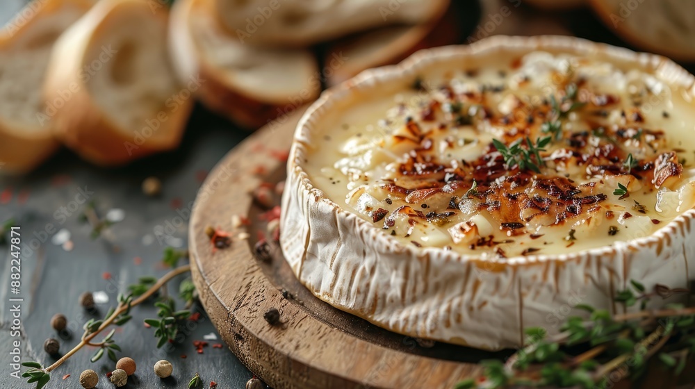 Canvas Prints  A tight shot of a bowl filled with food atop a weathered wooden board Bread and springs adorn the background