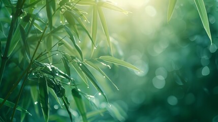  A tight shot of a bamboo leaf, adorned with droplets, against a softly blurred background