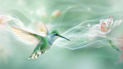 Obraz premium Graceful Hummingbird in Motion - Soft Green Background & Floral Accents