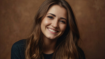 Naklejka premium Beautiful young girl with long hair smiles on brown background