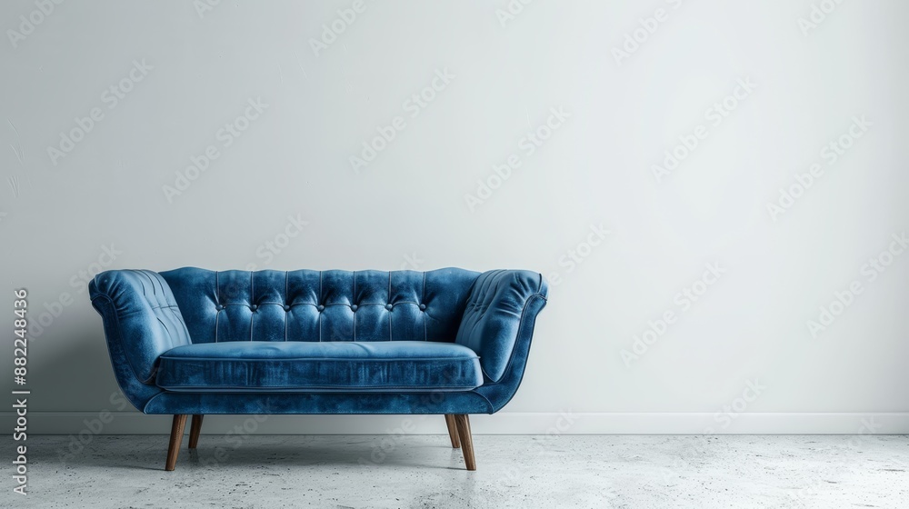 Poster  In an empty room with a wooden floor, a blue couch faces a white wall Behind the couch, the wall remains unadorned, white