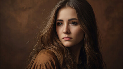 Fototapeta premium Beautiful young girl with long hair on brown background