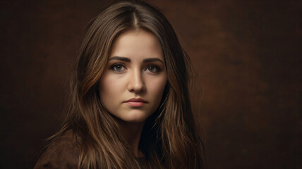 Fototapeta premium Beautiful young girl with long hair on brown background