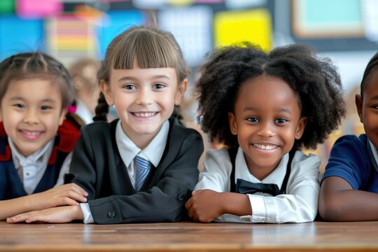 Four children wear school uniforms, sit at table in educational setting. Collaborative activity discussion with diverse ethnic backgrounds. Seven-year-old pupils smile at camera.