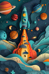 Paper Cut Style Rocket to the Moon