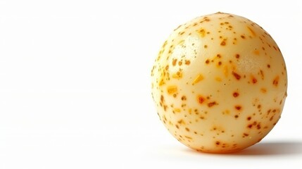  A close-up of an egg with brown speckles on its shell against a white background