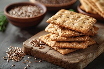 Minimalist mockup of Wholegrain crispbread, Gluten-free cracker, crackers with sunflower seeds, Crispy crackers with flax seeds, flax seeded cracker, sesame seeded cracker