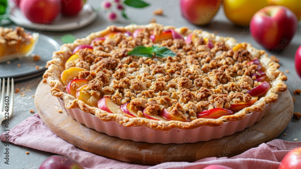 Sticker  A pie atop a wooden cutting board, nearby rests a plate holding a pie slice